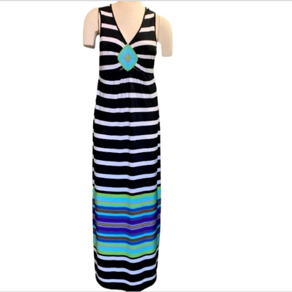 One World‎ V-Neck Maxi Dress Stripes & Diamond Pattern Sz M 15G